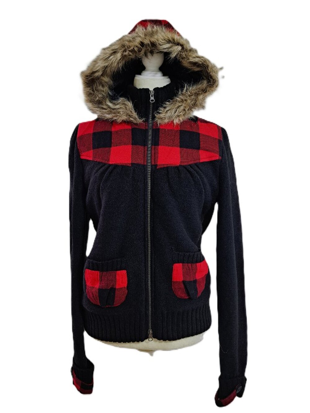 Takeout Y2K Women's Teen Black Red Hoodie Full Zip Knit Cardigan Faux Fur XL
